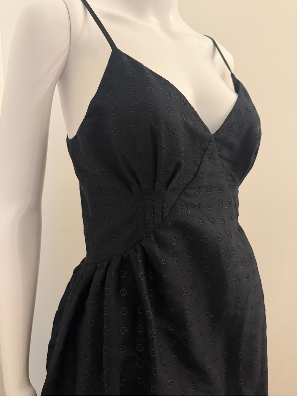 Caron Callahan Navy Strapless V-Neck Dress with Subtle Dot Texture